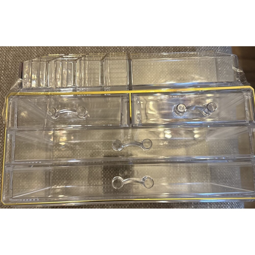 New Delamu Clear Makeup Organizer Gold Trim